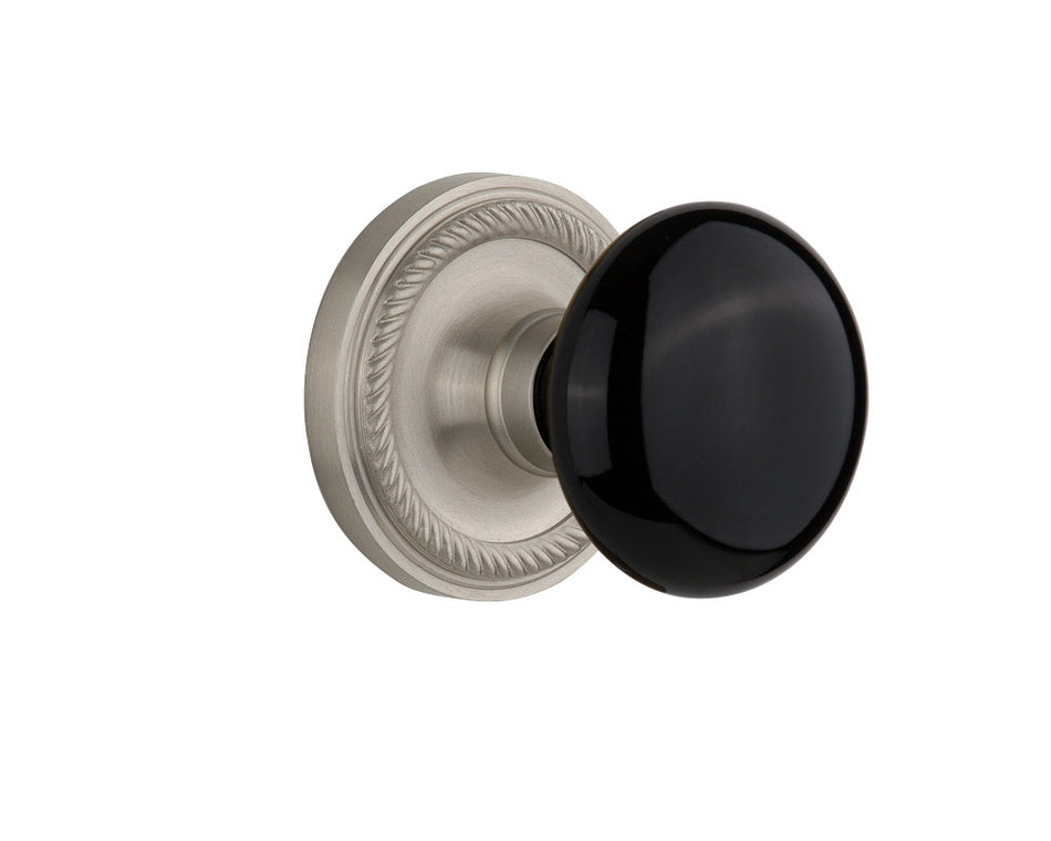 Nostalgic 710033: Rope Rosette w/Black Porcelain Knob Passage Door Set - Satin Nickel