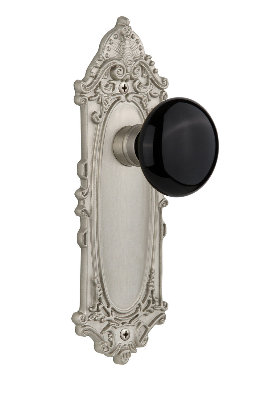 Nostalgic 710040: Victorian Backplate w/Black Porcelain Knob Passage Door Set - Satin Nickel