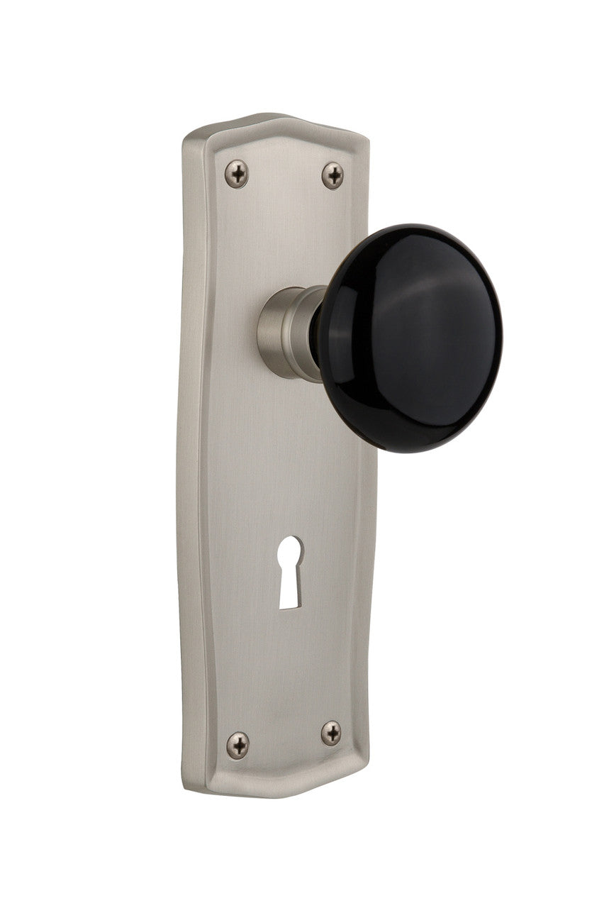 Nostalgic 710087: Prairie Backplate w/Black Porcelain Knob Passage Door Set - Satin Nickel