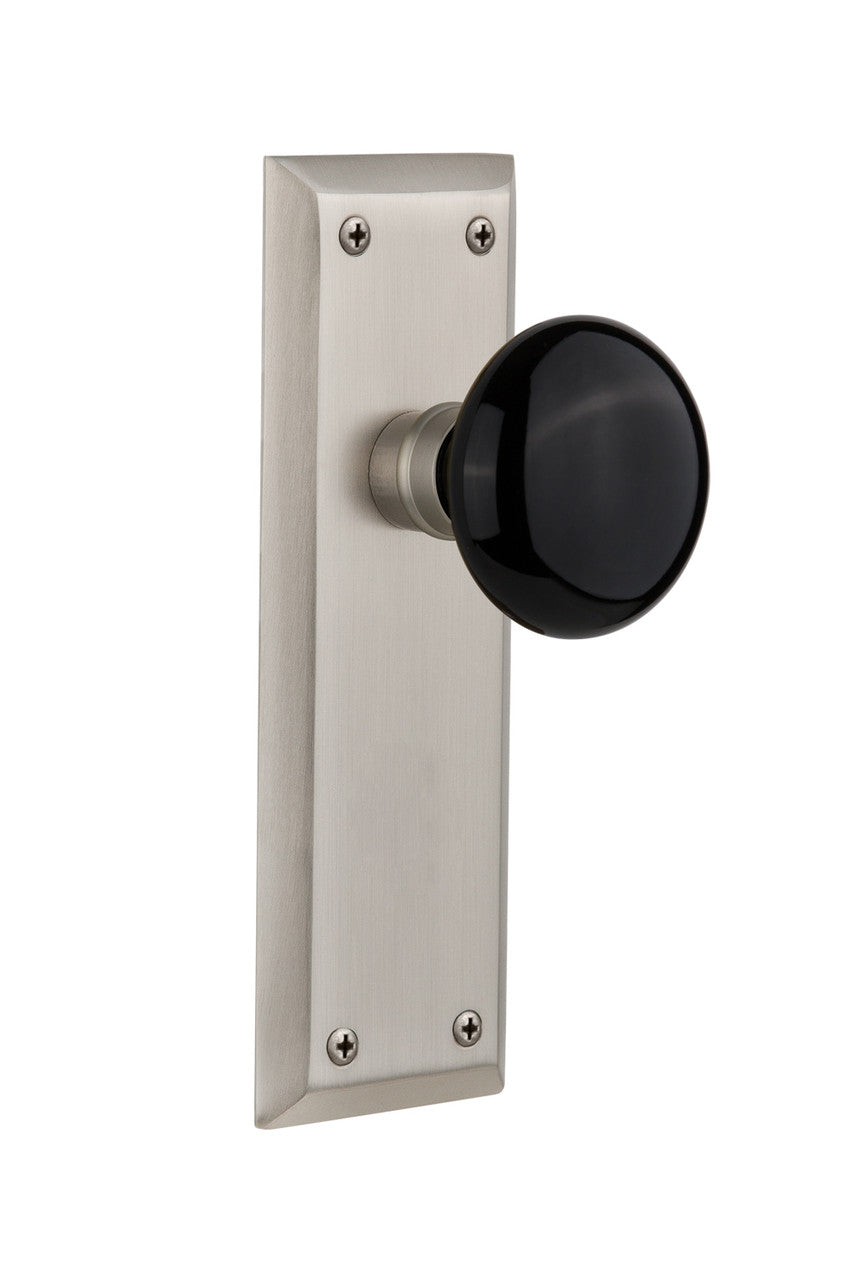 Nostalgic 710122: New York Backplate w/Black Porcelain Knob Single Dummy Door Set - Satin Nickel