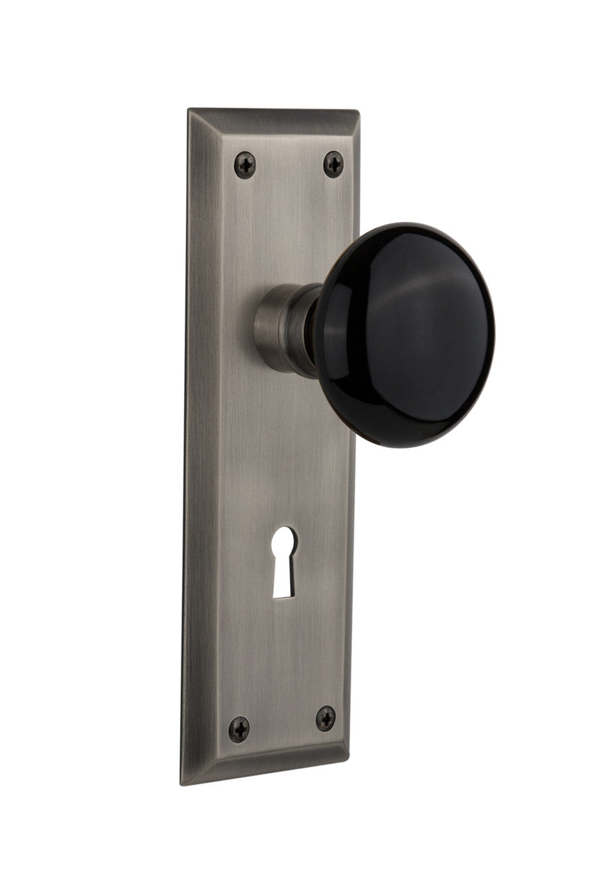 Nostalgic 710172: New York Backplate w/Black Porcelain Knob Single Dummy Door Set - Antique Pewter