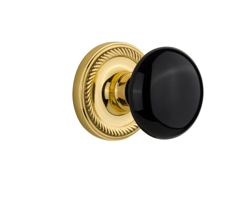 Nostalgic 710320: Rope Rosette w/Black Porcelain Knob Privacy Door Set - Polished Brass