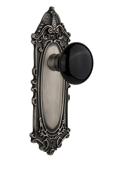 Nostalgic 710324: Victorian Backplate w/Black Porcelain Knob Privacy Door Set - Antique Pewter