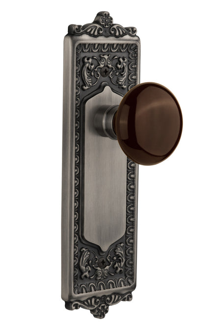 Nostalgic 710448: Egg & Dart Backplate w/Brown Porcelain Knob Passage Door Set - Antique Pewter