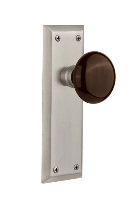 Nostalgic 710466: New York Backplate w/Brown Porcelain Knob Passage Door Set - Satin Nickel
