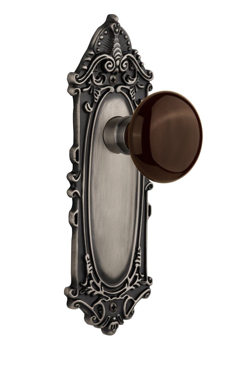 Nostalgic 710476: Victorian Backplate w/Brown Porcelain Knob Passage Door Set - Antique Pewter