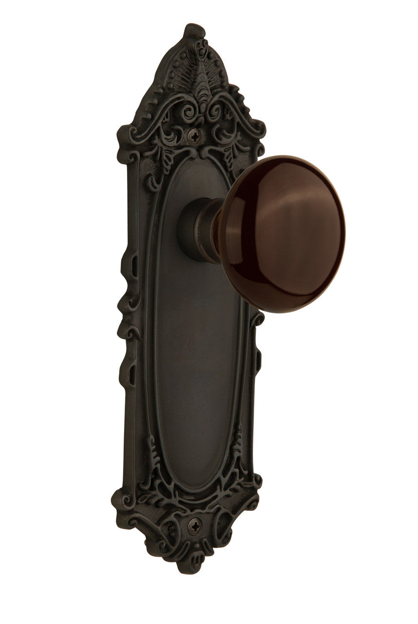 Nostalgic 710478: Victorian Backplate w/Brown Porcelain Knob Passage Door Set - Oil-Rubbed Bronze