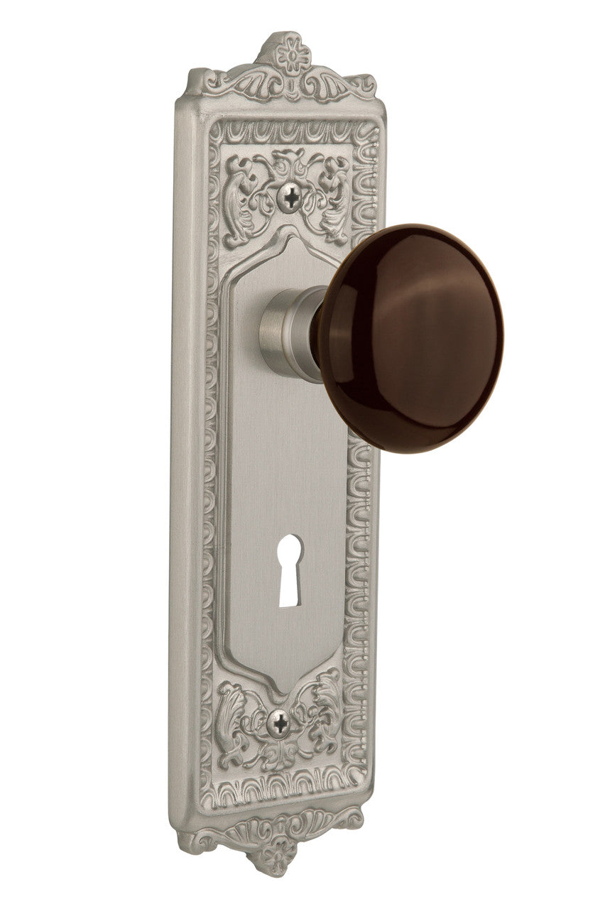 Nostalgic 710506: Egg & Dart Backplate w/Brown Porcelain Knob Passage Door Set - Satin Nickel