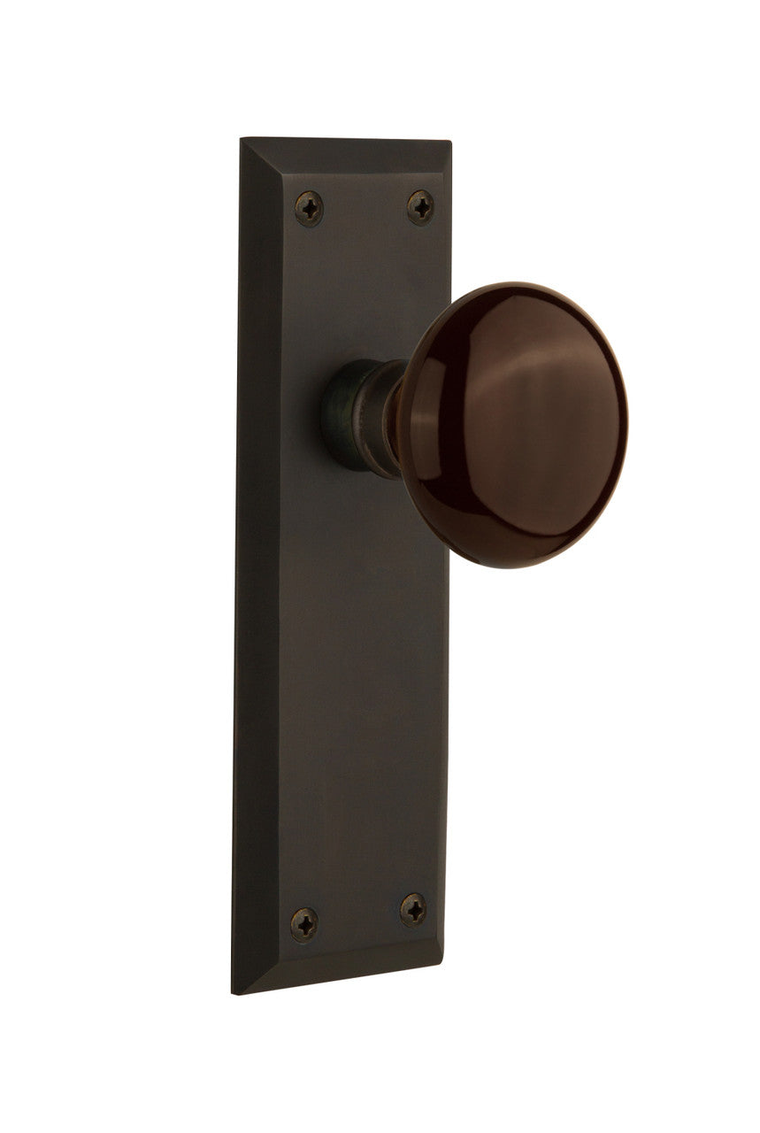 Nostalgic 710560: New York Backplate w/Brown Porcelain Knob Single Dummy Door Set - Oil-Rubbed Bronze