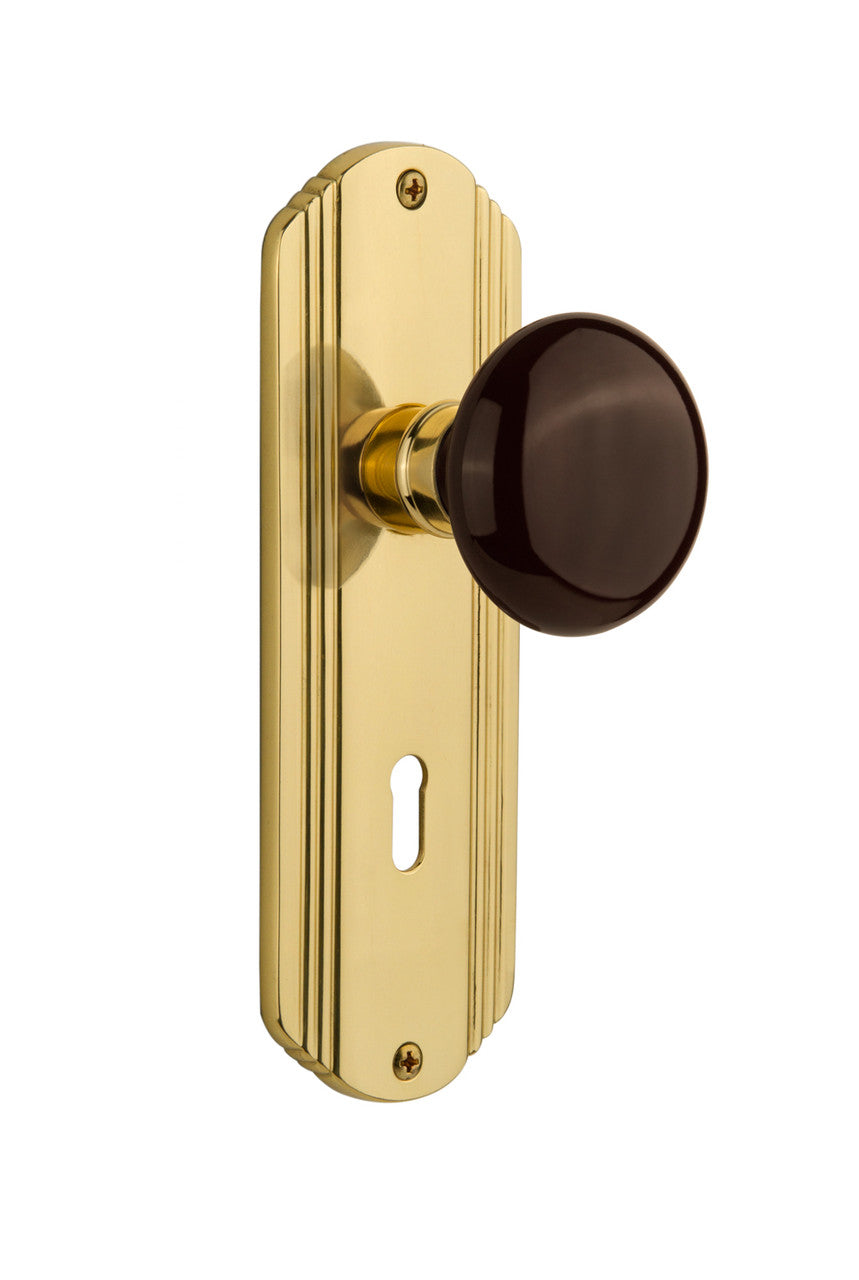 Nostalgic 710594: Deco Backplate w/Brown Porcelain Knob Single Dummy Door Set - Polished Brass