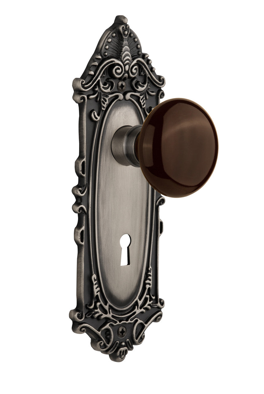 Nostalgic 710626: Victorian Backplate w/Brown Porcelain Knob Single Dummy Door Set - Antique Pewter