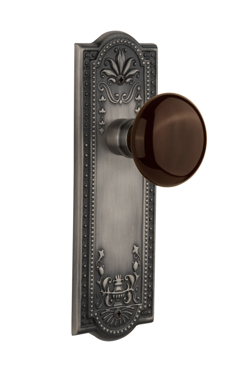 Nostalgic 710743: Meadows Backplate w/Brown Porcelain Knob Privacy Door Set - Antique Pewter
