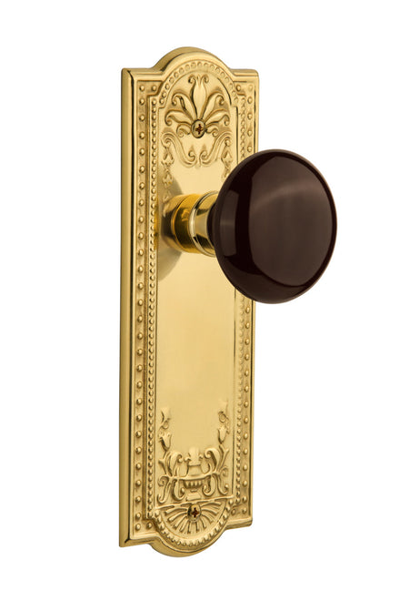Nostalgic 710746: Meadows Backplate w/Brown Porcelain Knob Privacy Door Set - Polished Brass