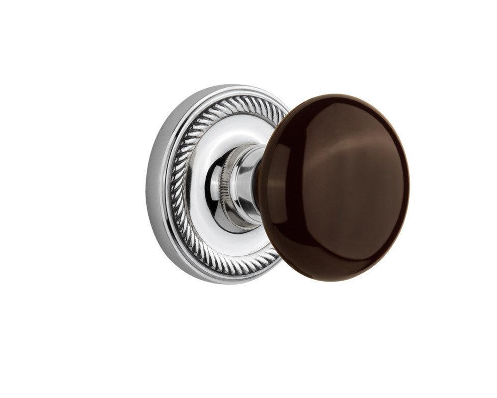 Nostalgic 710758: Rope Rosette w/Brown Porcelain Knob Privacy Door Set - Bright Chrome