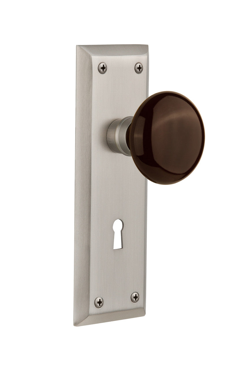 Nostalgic 710808: New York Backplate w/Brown Porcelain Knob Privacy Door Set - Satin Nickel