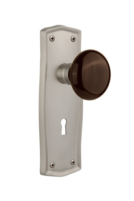 Nostalgic 710815: Prairie Backplate w/Brown Porcelain Knob Privacy Door Set - Satin Nickel