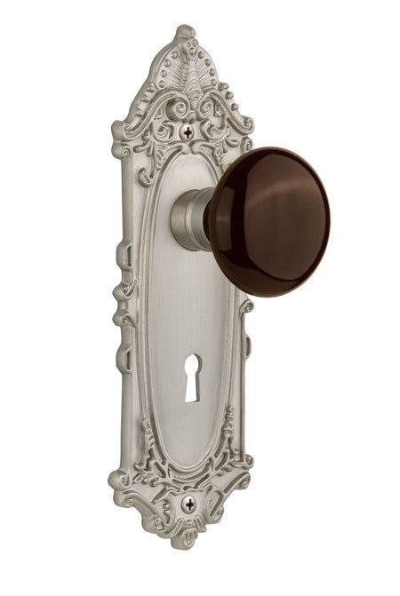 Nostalgic 710822: Victorian Backplate w/Brown Porcelain Knob Privacy Door Set - Satin Nickel