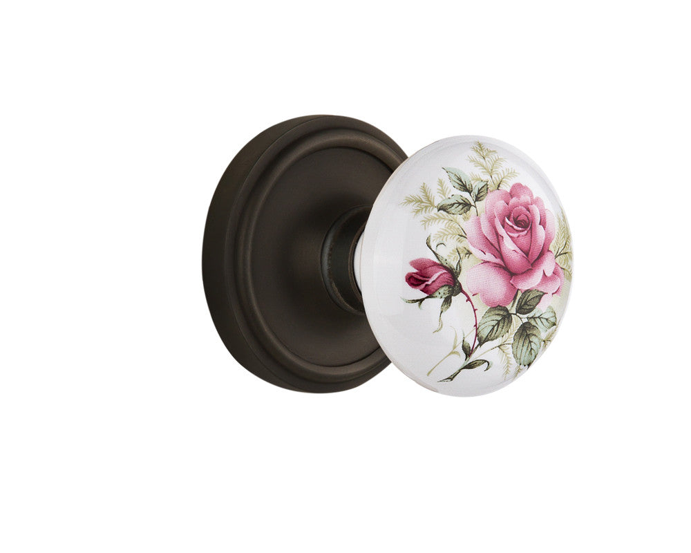 Nostalgic 710883: Classic Rosette w/White Rose Porcelain Knob Passage Door Set - Oil-Rubbed Bronze