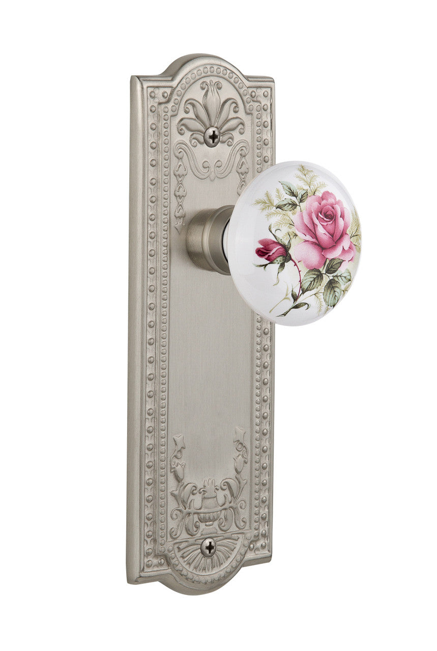 Nostalgic 710899: Meadows Backplate w/White Rose Porcelain Knob Passage Door Set - Satin Nickel