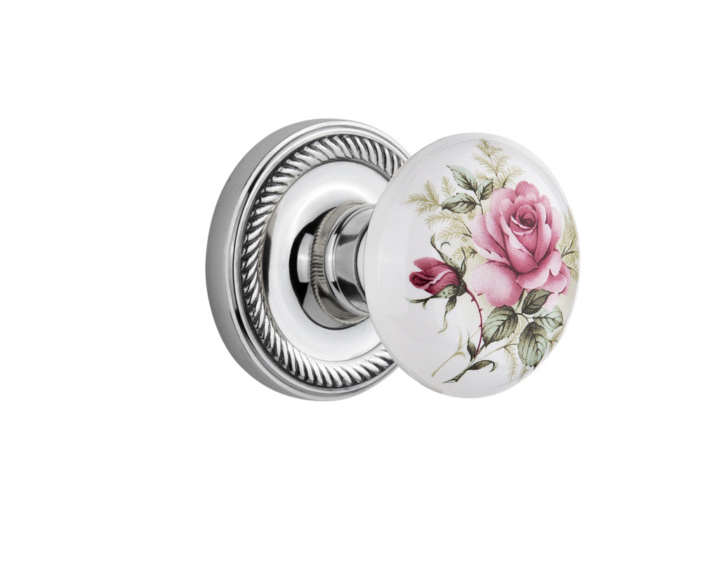 Nostalgic 710910: Rope Rosette w/White Rose Porcelain Knob Passage Door Set - Bright Chrome