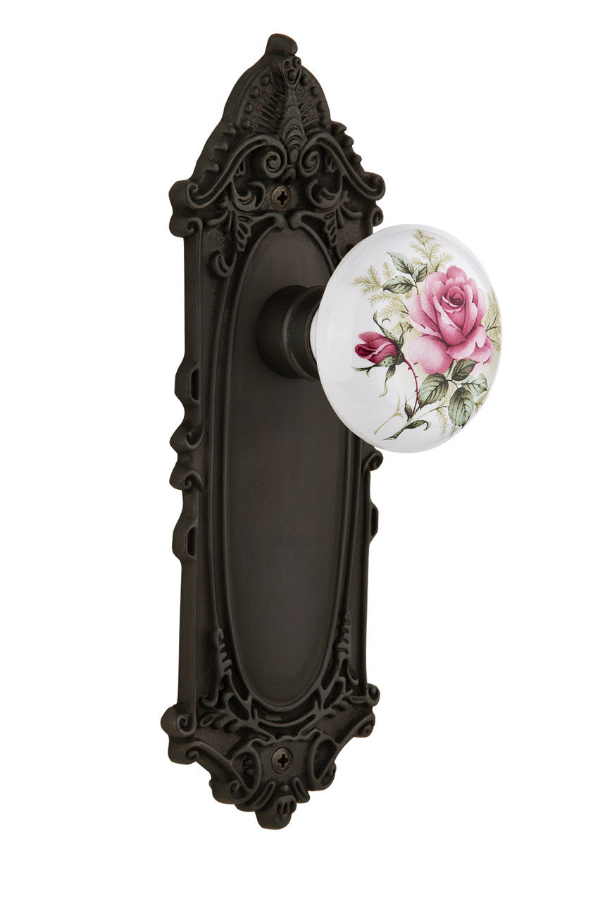 Nostalgic 710918: Victorian Backplate w/White Rose Porcelain Knob Passage Door Set - Oil-Rubbed Bronze