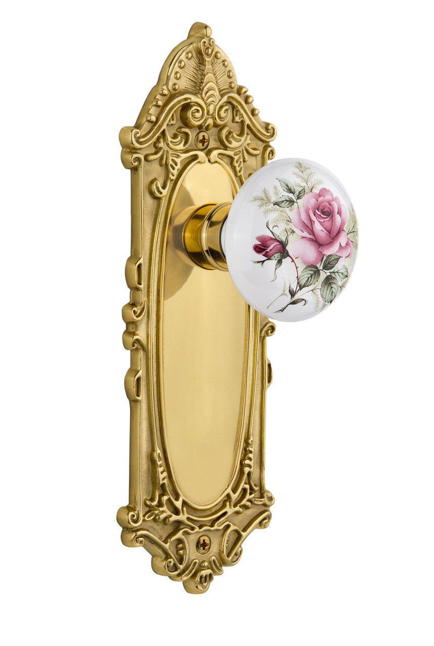 Nostalgic 710919: Victorian Backplate w/White Rose Porcelain Knob Passage Door Set - Polished Brass
