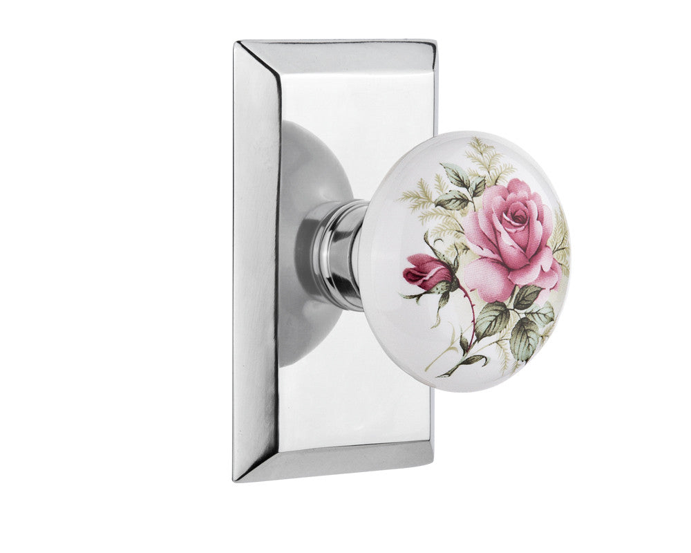 Nostalgic 710930: Studio Backplate w/White Rose Porcelain Knob Passage Door Set - Bright Chrome