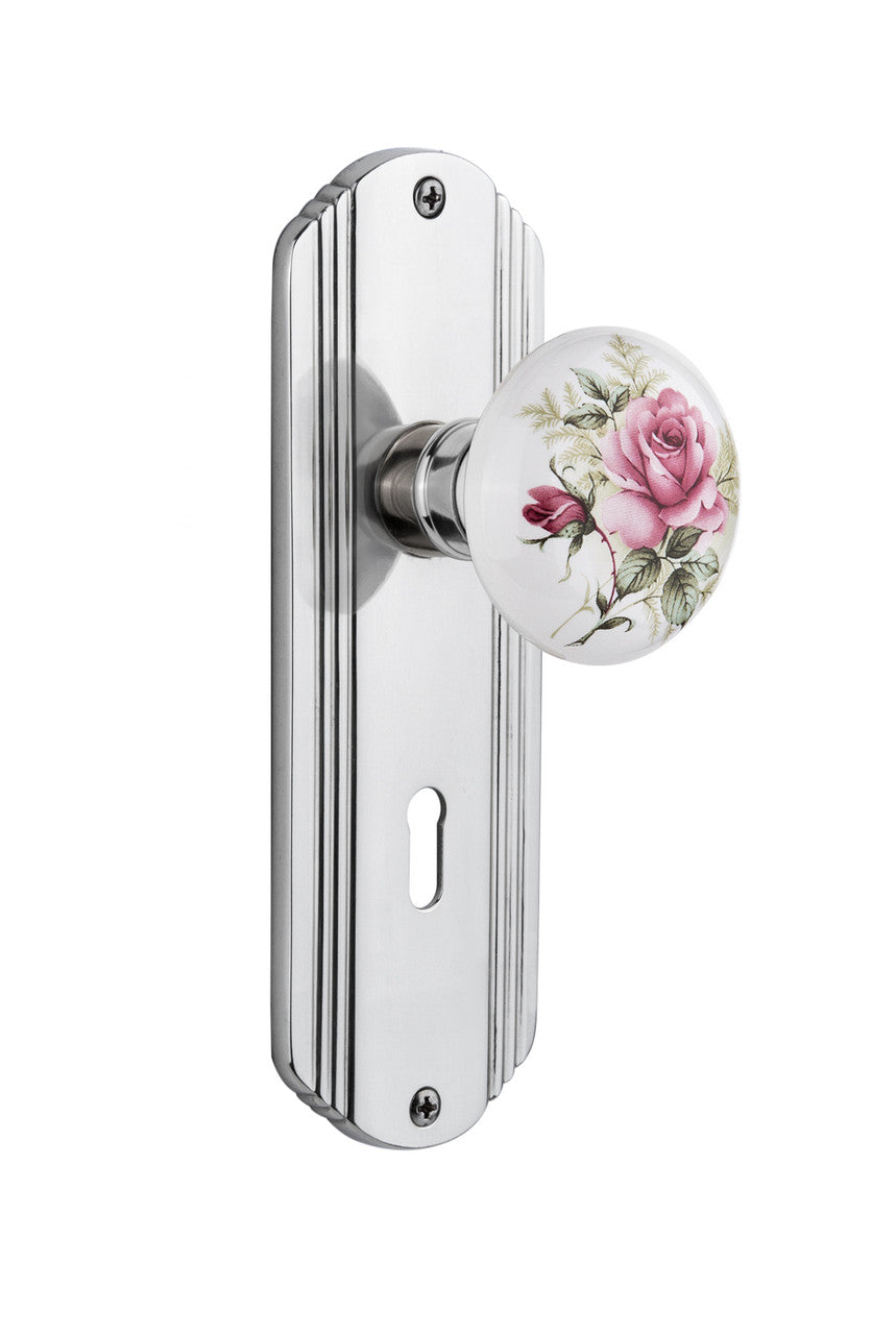 Nostalgic 710936: Deco Backplate w/White Rose Porcelain Knob Passage Door Set - Bright Chrome