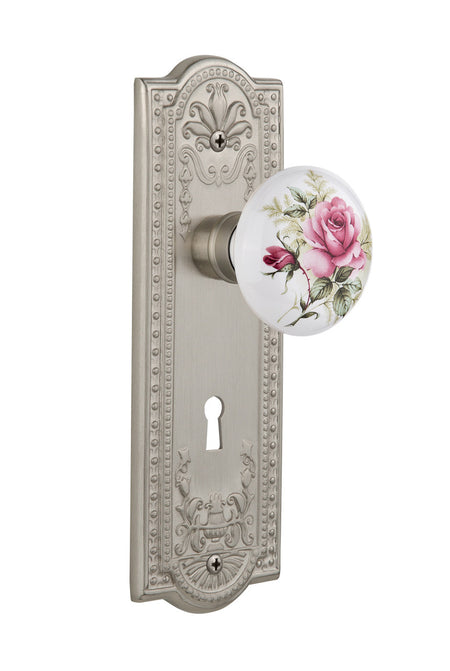 Nostalgic 710953: Meadows Backplate w/White Rose Porcelain Knob Passage Door Set - Satin Nickel