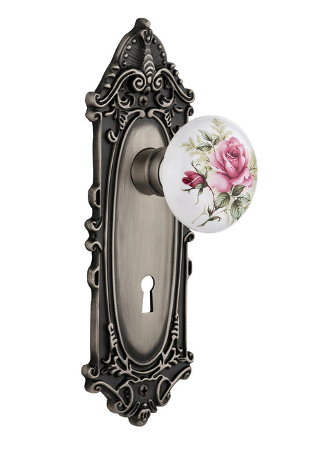 Nostalgic 710970: Victorian Backplate w/White Rose Porcelain Knob Passage Door Set - Antique Pewter
