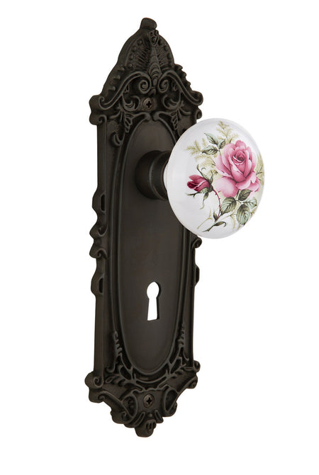 Nostalgic 710972: Victorian Backplate w/White Rose Porcelain Knob Passage Door Set - Oil-Rubbed Bronze