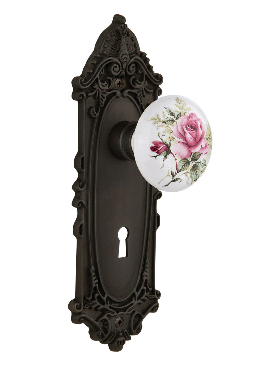 Nostalgic 710972: Victorian Backplate w/White Rose Porcelain Knob Passage Door Set - Oil-Rubbed Bronze