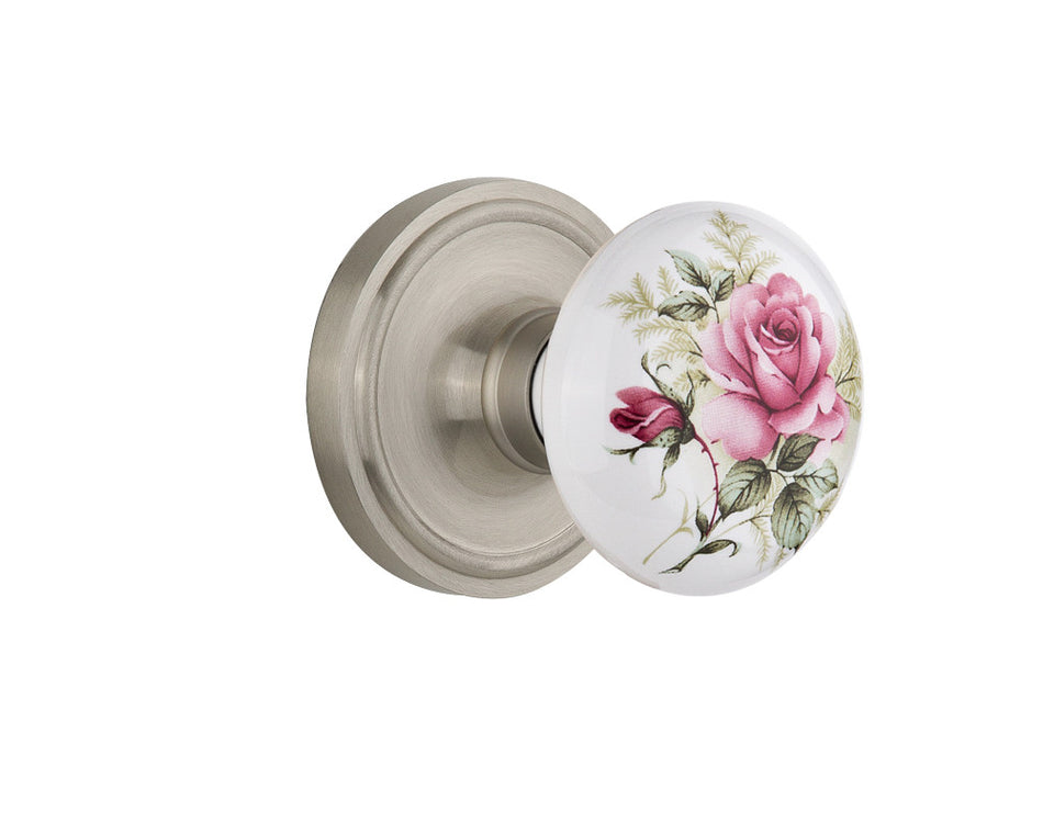 Nostalgic 710981: Classic Rosette w/White Rose Porcelain Knob Single Dummy Door Set - Satin Nickel