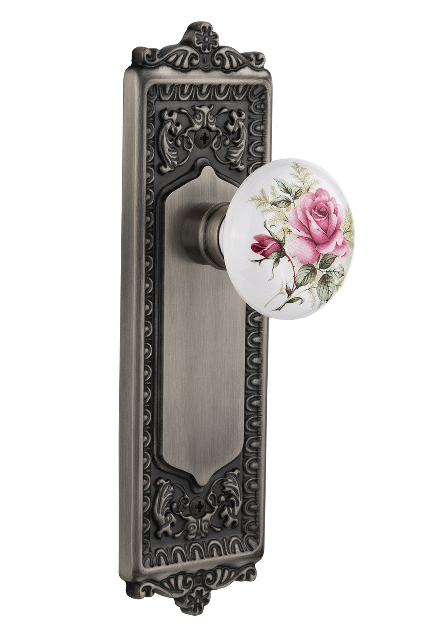 Nostalgic 710984: Egg & Dart Backplate w/White Rose Porcelain Knob Single Dummy Door Set - Antique Pewter