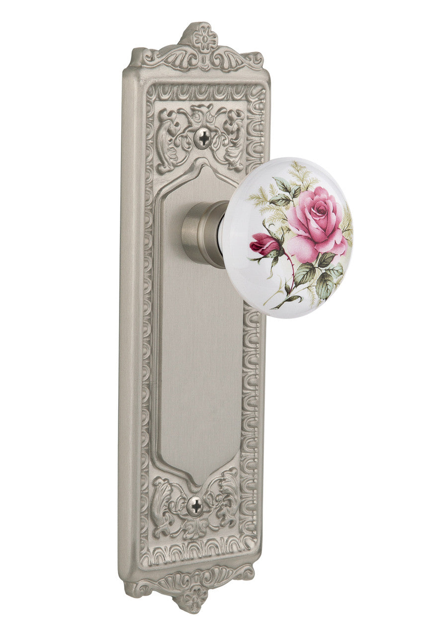 Nostalgic 710988: Egg & Dart Backplate w/White Rose Porcelain Knob Single Dummy Door Set - Satin Nickel