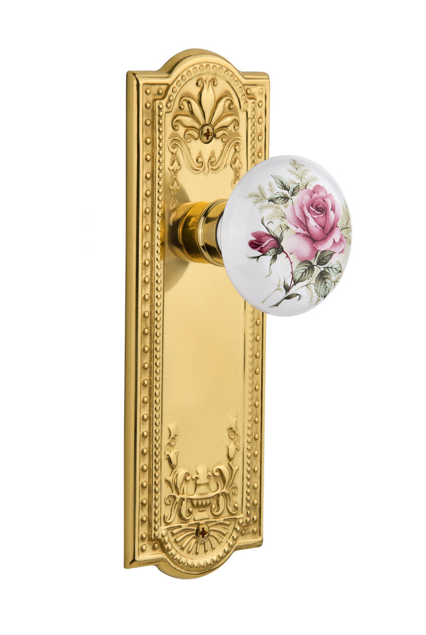 Nostalgic 710994: Meadows Backplate w/White Rose Porcelain Knob Single Dummy Door Set - Polished Brass