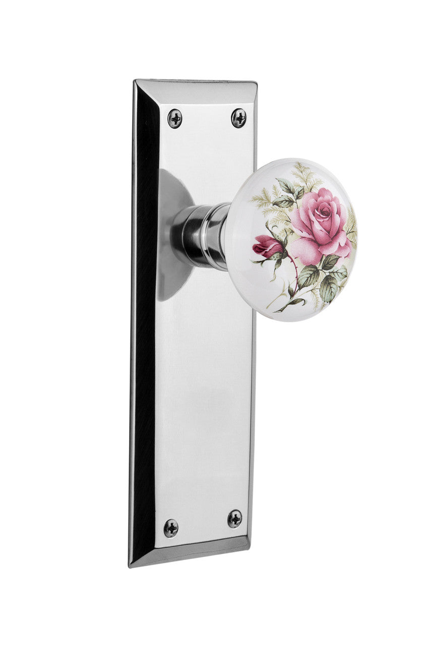 Nostalgic 710999: New York Backplate w/White Rose Porcelain Knob Single Dummy Door Set - Bright Chrome