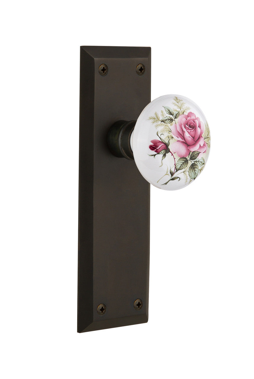 Nostalgic 711000: New York Backplate w/White Rose Porcelain Knob Single Dummy Door Set - Oil-Rubbed Bronze