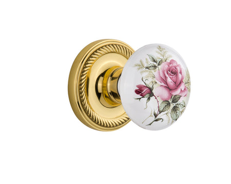 Nostalgic 711008: Rope Rosette w/White Rose Porcelain Knob Single Dummy Door Set - Polished Brass
