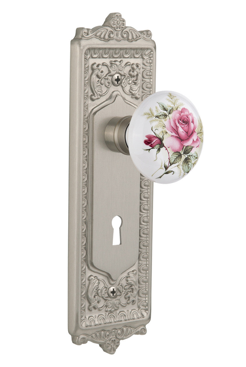 Nostalgic 711042: Egg & Dart Backplate w/White Rose Porcelain Knob Single Dummy Door Set - Satin Nickel