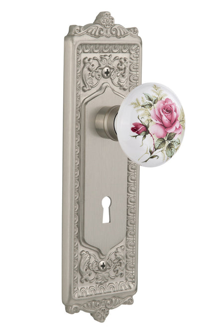Nostalgic 711042: Egg & Dart Backplate w/White Rose Porcelain Knob Single Dummy Door Set - Satin Nickel