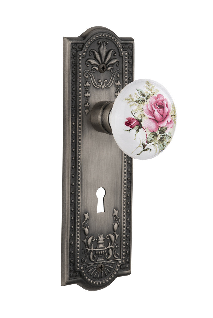 Nostalgic 711045: Meadows Backplate w/White Rose Porcelain Knob Single Dummy Door Set - Antique Pewter