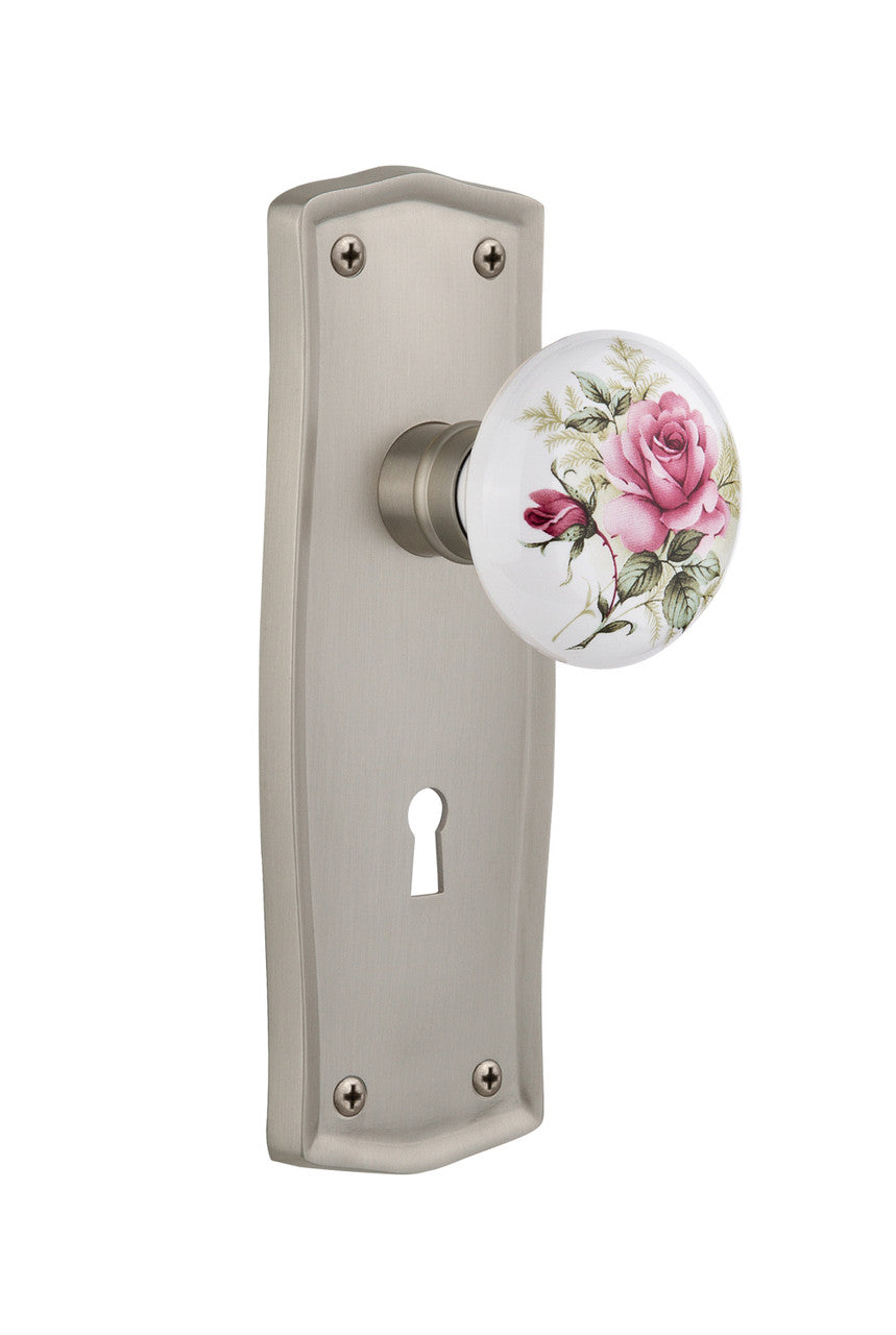 Nostalgic 711063: Prairie Backplate w/White Rose Porcelain Knob Single Dummy Door Set - Satin Nickel