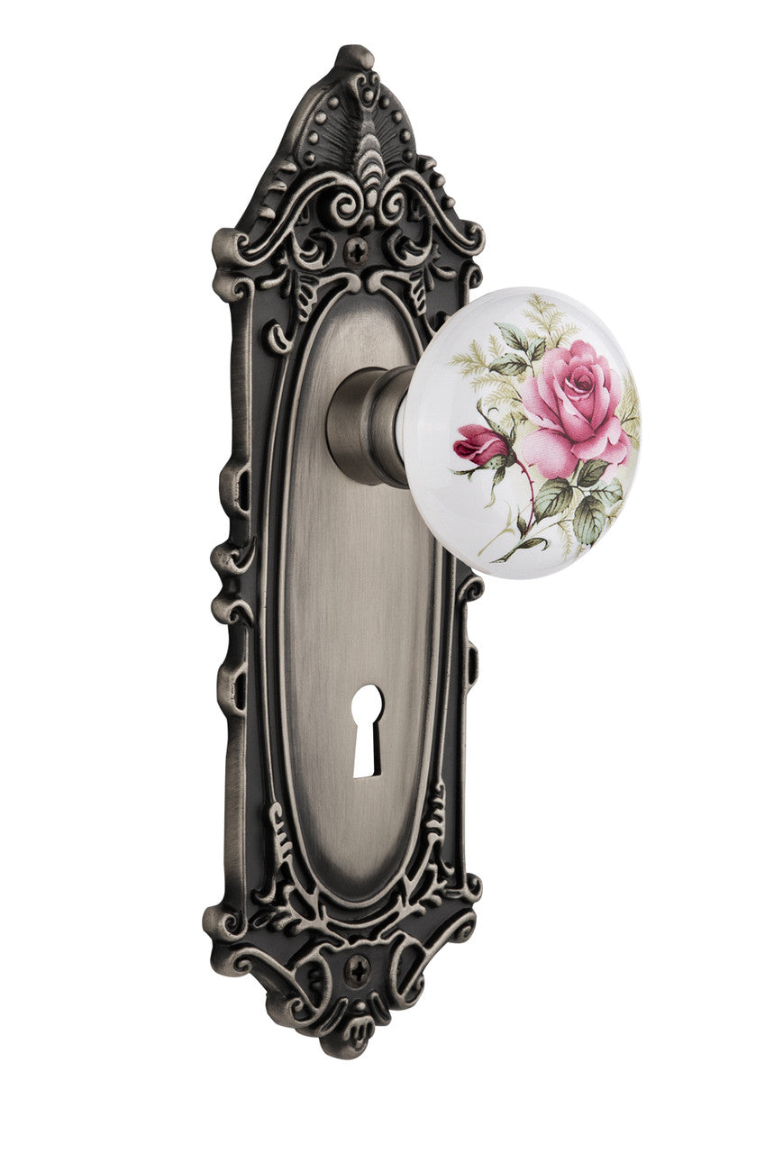 Nostalgic 711066: Victorian Backplate w/White Rose Porcelain Knob Single Dummy Door Set - Antique Pewter