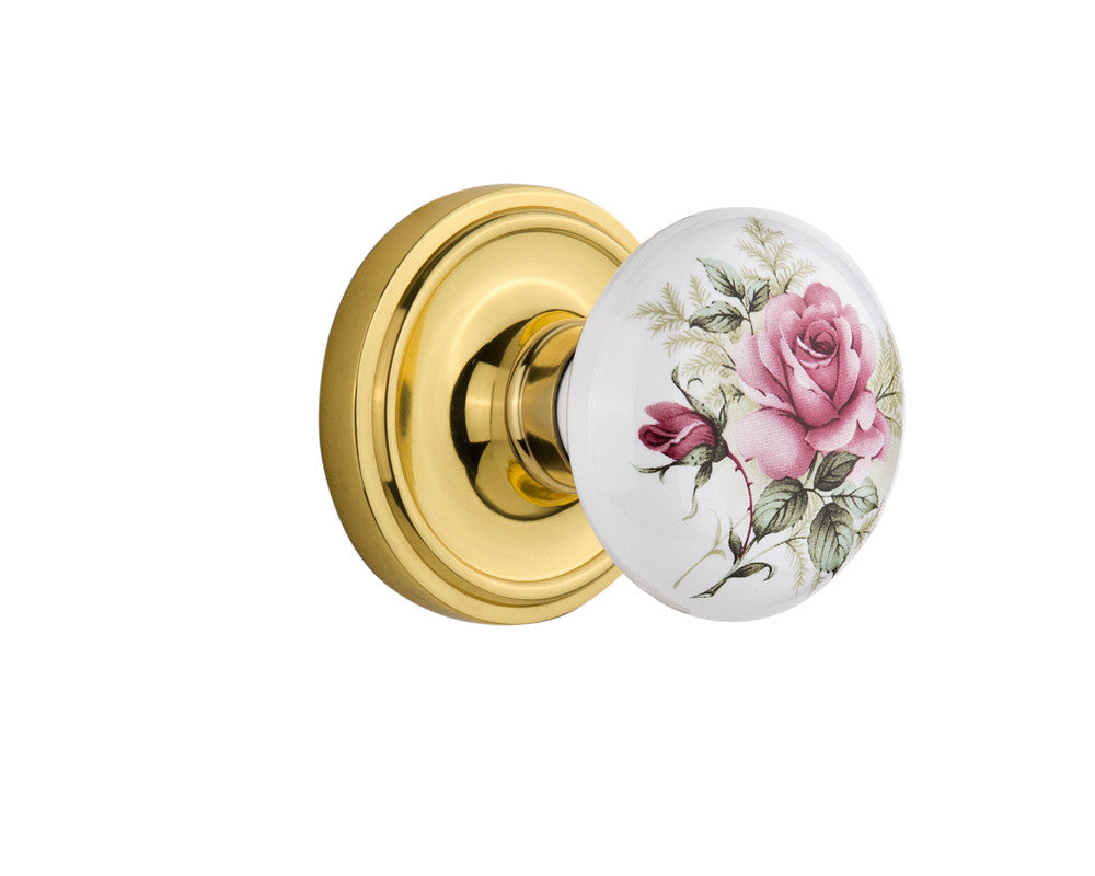 Nostalgic 711172: Classic Rosette w/White Rose Porcelain Knob Privacy Door Set - Polished Brass