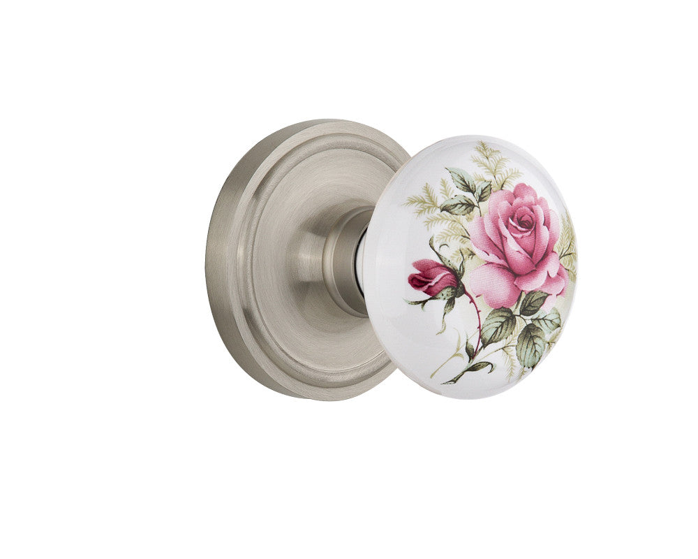 Nostalgic 711173: Classic Rosette w/White Rose Porcelain Knob Privacy Door Set - Satin Nickel