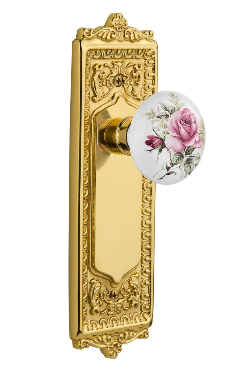 Nostalgic 711179: Egg & Dart Backplate w/White Rose Porcelain Knob Privacy Door Set - Polished Brass