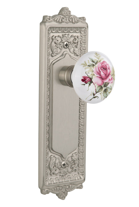 Nostalgic 711180: Egg & Dart Backplate w/White Rose Porcelain Knob Privacy Door Set - Satin Nickel