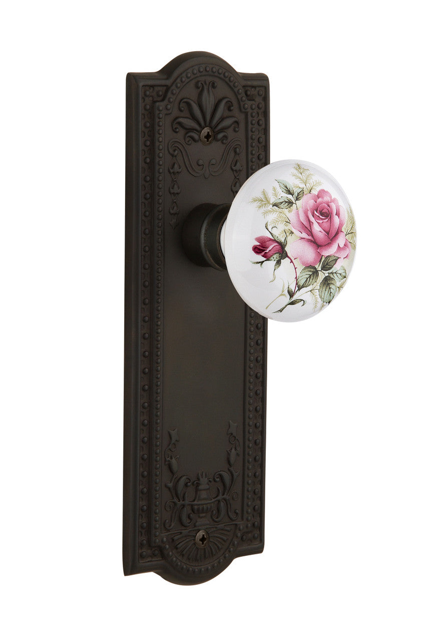 Nostalgic 711185: Meadows Backplate w/White Rose Porcelain Knob Privacy Door Set - Oil-Rubbed Bronze
