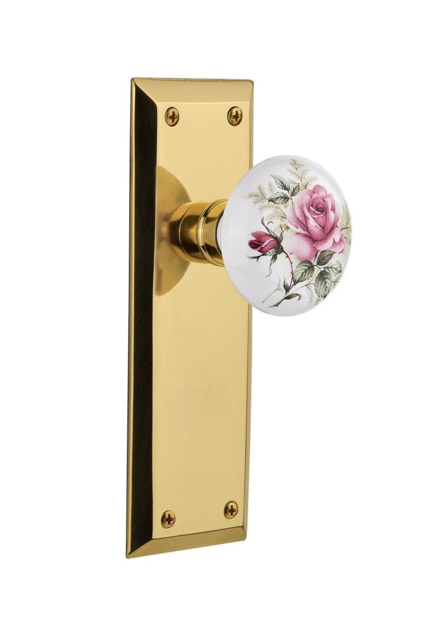 Nostalgic 711193: New York Backplate w/White Rose Porcelain Knob Privacy Door Set - Polished Brass